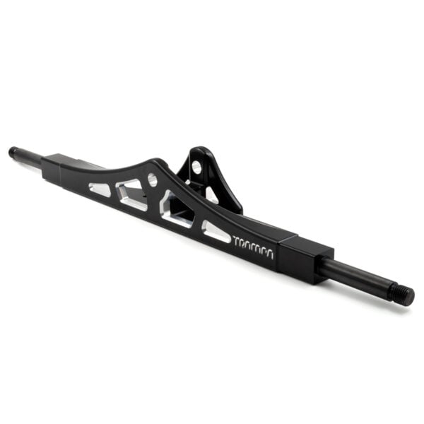 Electric mountainboard hanger in black with cut out and black axles